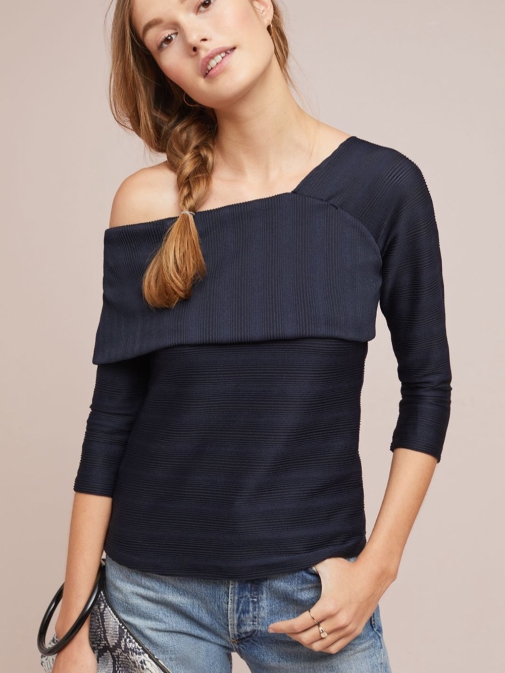 NWT Anthropologie Blue Tassel Shuler One-Shoulder Navy Top Size Small